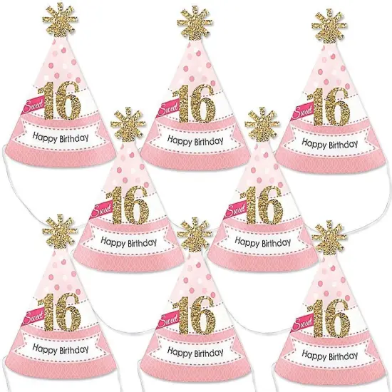 Big Dot of Happiness Sweet 16 - Mini Cone 16th Birthday Party Hats - Small Little Party Hats - Set of 8 {1}