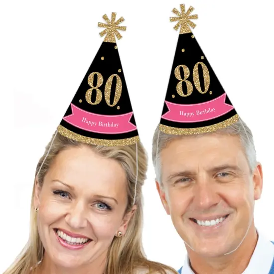 Big Dot of Happiness Chic 80th Birthday - Pink, Black and Gold - Cone Happy Birthday Party Hats for Adults - Set of 8 (Standard Size) {4}
