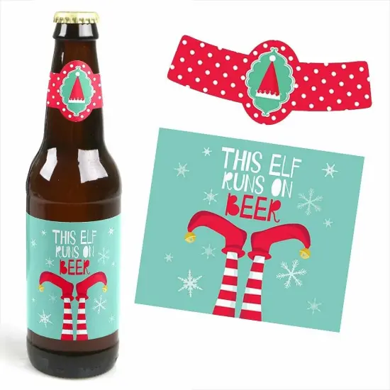 Big Dot of Happiness Elf Squad - Elf Christmas Decorations for Women and Men - 6 Beer Bottle Label Stickers and 1 Carrier {6}