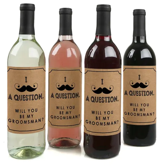 Big Dot of Happiness Kraft Mustache - Will You Be My Groomsman Gift for Men - Whiskey or Wine Bottle Label Stickers - Set of 4 {6}