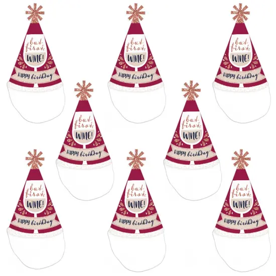 Big Dot of Happiness But First, Wine - Cone Happy Birthday Party Hats for Kids and Adults - Set of 8 (Standard Size) {7}