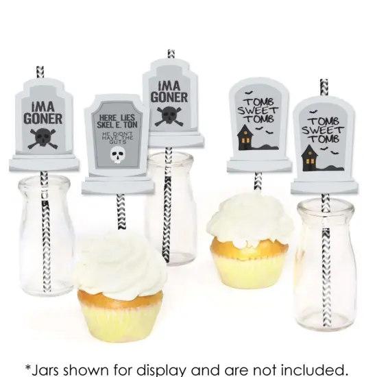 Big Dot of Happiness Graveyard Tombstones - Paper Straw Decor - Halloween Party Striped Decorative Straws - Set of 24 {7}