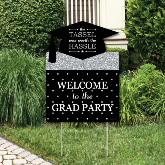 Big Dot of Happiness Silver Graduation Party Decorations - Grad Party Welcome Yard Sign {1}