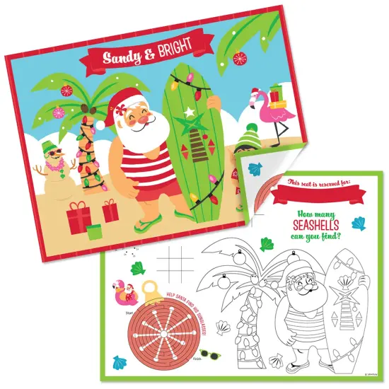Big Dot of Happiness Tropical Christmas - Paper Beach Santa Holiday Party Coloring Sheets - Activity Placemats - Set of 16 {1}