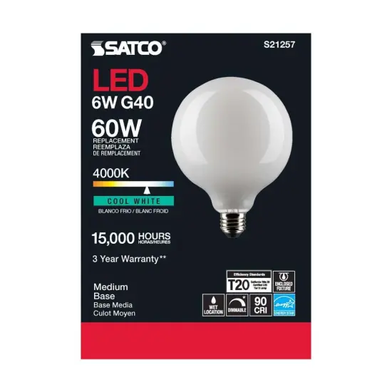 6Pk - Satco 6w G40 Globe Filament LED 4000K E26 Base White Dimmable - 60w equiv Cool White {5}