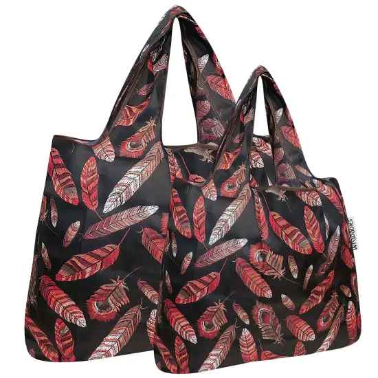 Wrapables Large & Small Foldable Tote Nylon Reusable Grocery Bags, Set of 2 Feathers {1}