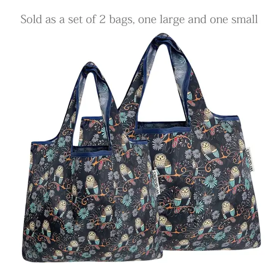 Wrapables Large & Small Foldable Tote Nylon Reusable Grocery Bags, Set of 2 Deco Owls {3}