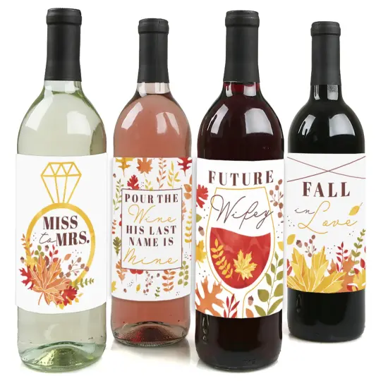 Big Dot of Happiness Fall Foliage Bride - Autumn Leaves Bridal Shower and Wedding Party Decorations - Wine Bottle Label Stickers - Set of 4 {1}