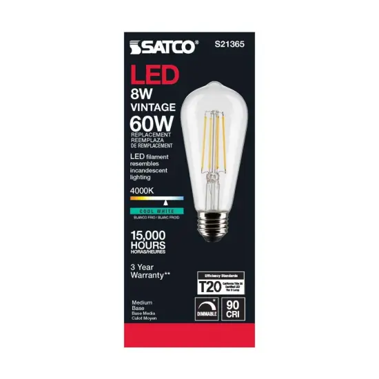 6Pk - Satco 8w ST19 LED 4000K Medium Base Dimmable - 60w equiv Cool White {5}