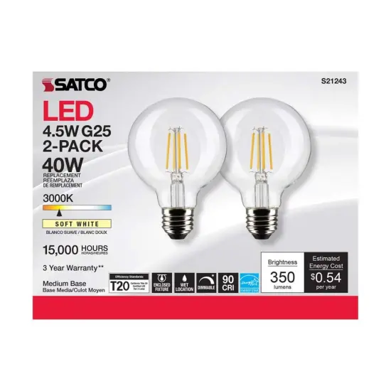 6Pk - Satco 4.5w G25 Globe Filament LED 3000K Medium Base Dimmable - 40w equiv Soft White {6}