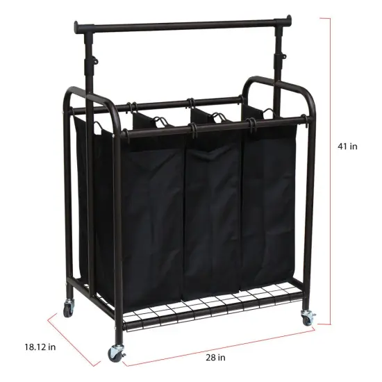 Oceanstar 3-Bag Rolling Laundry Sorter with Adjustable Hanging Bar, Bronze Black {3}
