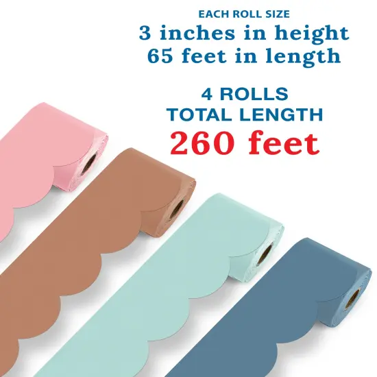 Carson Dellosa 260Ft Rolled Modern Boho Bulletin Board Border Set, 4 Pack of Scalloped Border Trim, Brown, Blue, Green and Pink Bulletin Board Borders for White Board, Cork Board, Boho Classroom D&eacute;cor {2}