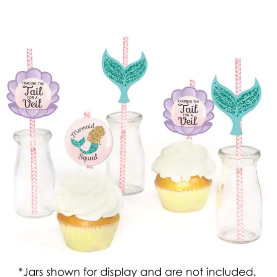 Big Dot of Happiness Trading The Tail for A Veil - Paper Straw Decor - Mermaid Bachelorette Party Bridal Shower Striped Decorative Straws - Set of 24 {6}