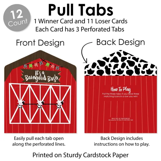 Big Dot of Happiness Farm Animals - Barnyard Baby Shower or Birthday Party Game Pickle Cards - Pull Tabs 3-in-a-Row - Set of 12 {6}
