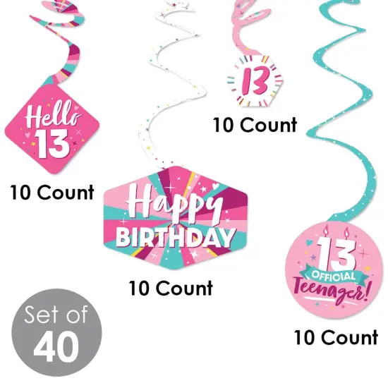 Big Dot of Happiness Girl 13th Birthday - Official Teenager Birthday Party Hanging Decor - Party Decoration Swirls - Set of 40 {6}