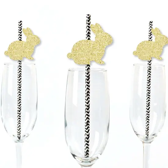 Big Dot of Happiness Gold Glitter Bunnies Party Straws - No-Mess Real Gold Glitter Cut-Outs & Decorative Easter Paper Straws - Set of 24 {1}