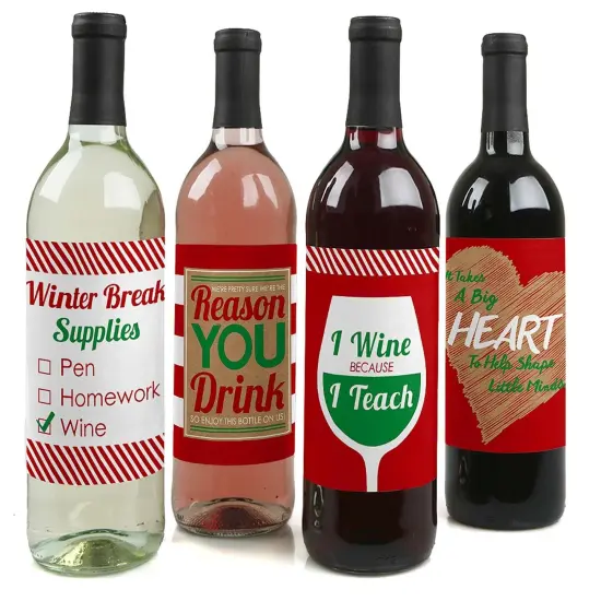 Big Dot of Happiness Teacher Christmas - Holiday & Christmas for Women and Men - Wine Bottle Label Stickers - Set of 4 {1}