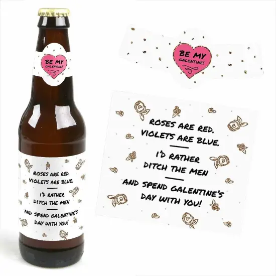 Big Dot of Happiness Be My Galentine - Valentine's Day Decorations for Women and Men - 6 Beer Bottle Label Stickers and 1 Carrier {3}