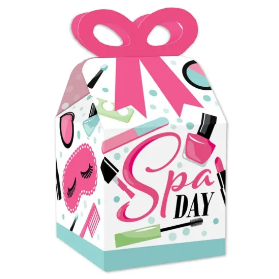 Big Dot of Happiness Spa Day - Square Favor Gift Boxes - Girls Makeup Party Bow Boxes - Set of 12 {1}