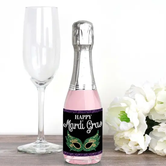 Big Dot of Happiness Mardi Gras - Mini Wine and Champagne Bottle Label Stickers - Masquerade Party Favor Gift for Women and Men - Set of 16 {3}