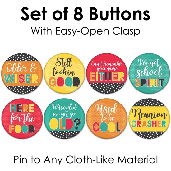 Big Dot of Happiness Class Reunion - 3 inch School Reunion Party Badge - Pinback Buttons - Set of 8 {7}