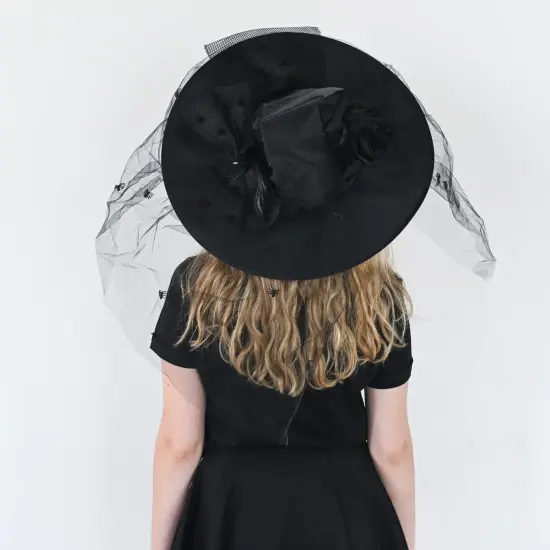Deluxe Pointed Witch Hat - Glamorous Black Witches Accessories Fancy Satin Hat with Bow, Spiders and Black Feathers {3}