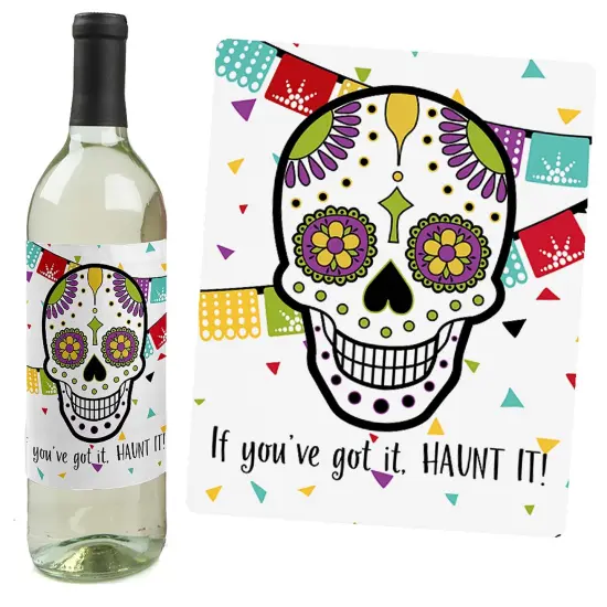 Big Dot of Happiness Day of the Dead - Sugar Skull Decorations for Women and Men - Wine Bottle Label Stickers - Set of 4 {3}