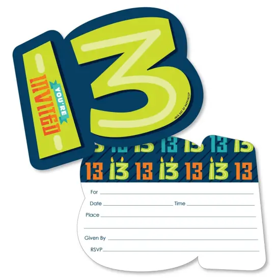 Big Dot of Happiness Boy 13th Birthday - Shaped Fill-In Invitations - Official Teenager Birthday Party Invitation Cards with Envelopes - Set of 12 {1}