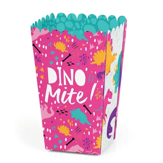 Big Dot of Happiness Roar Dinosaur Girl - Dino Mite T-Rex Baby Shower or Birthday Party Favor Popcorn Treat Boxes - Set of 12 {1}