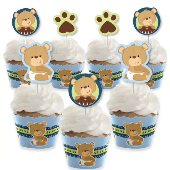 Big Dot of Happiness Baby Boy Teddy Bear - Cupcake Decoration - Baby Shower Cupcake Wrappers and Treat Picks Kit - Set of 24 {1}
