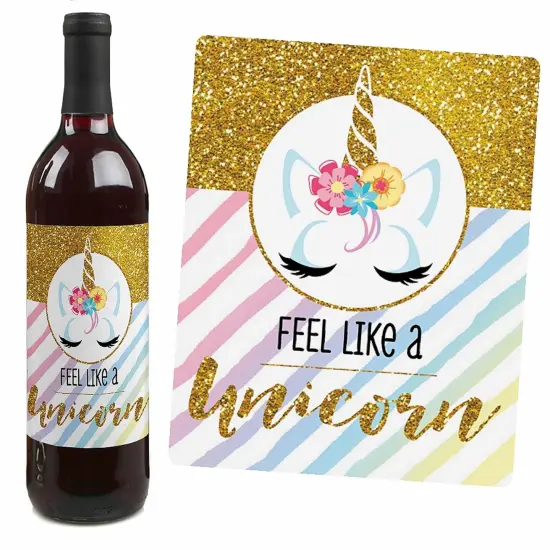 Big Dot of Happiness Rainbow Unicorn - Magical Unicorn Baby Shower or Birthday Party Decor for Women and Men - Wine Bottle Label Stickers - Set of 4 {7}