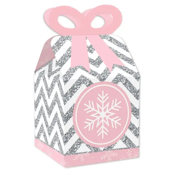 Big Dot of Happiness Pink Winter Wonderland - Square Favor Gift Boxes - Holiday Snowflake Birthday Party and Baby Shower Bow Boxes - Set of 12 {1}