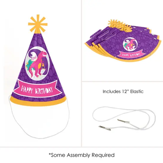 Big Dot of Happiness Roar Dinosaur Girl - Cone Happy Birthday Party Hats for Kids and Adults - Set of 8 (Standard Size) {6}