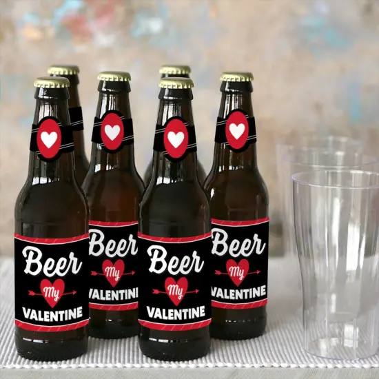 Big Dot of Happiness Happy Valentine's Day - Valentine Hearts Party Decorations for Women and Men - 6 Beer Bottle Label Stickers and 1 Carrier {6}