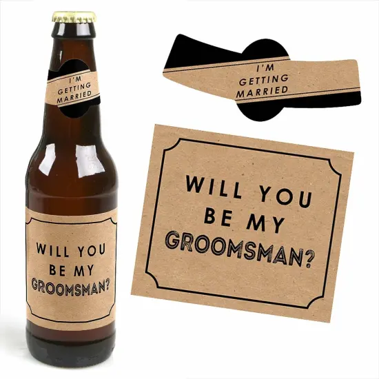 Big Dot of Happiness Kraft Mustache - Will You Be My Groomsman Decorations for Men - 6 Beer Bottle Label Stickers and 1 Carrier {4}