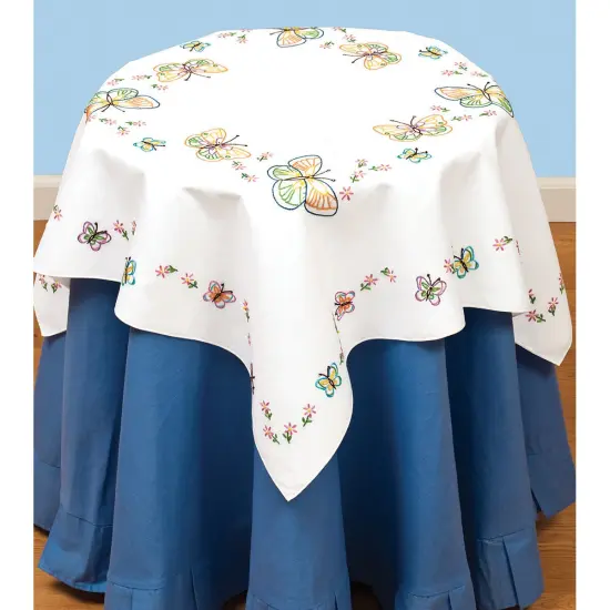 Jack Dempsey Stamped White Perle Edge Table Topper 35"X35"-Fluttering Butterflies {2}