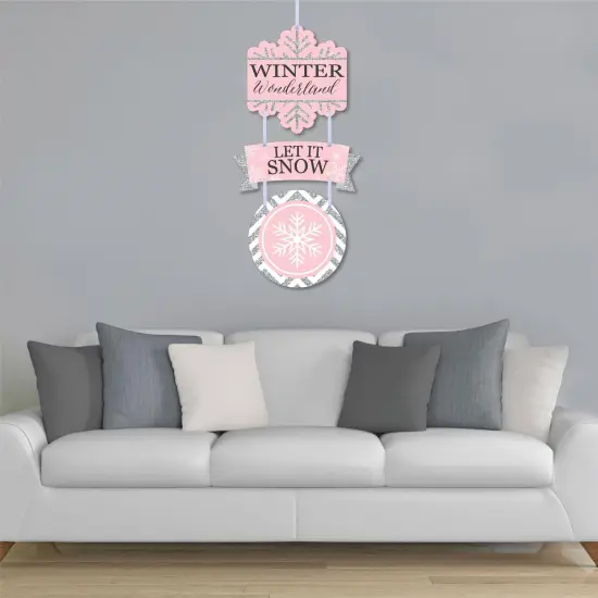 Big Dot of Happiness Pink Winter Wonderland - Hanging Porch Snowflake Birthday Party and Baby Shower Outdoor Decor - Front Door Decor - 3 Pc Sign {4}