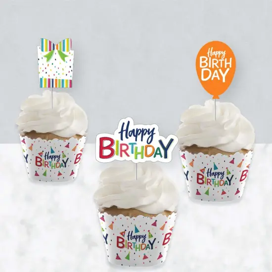 Big Dot of Happiness Cheerful Happy Birthday - Cupcake Decoration - Colorful Birthday Party Cupcake Wrappers and Treat Picks Kit - Set of 24 {4}