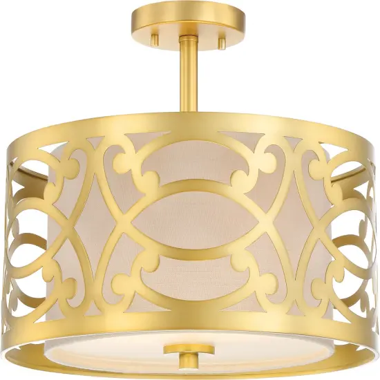 Nuvo Filigree 2-Light Natural Brass Semi Flush Mount w/ Beige Linen Shade {1}