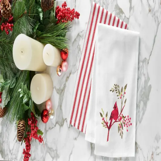Holiday Winter Themed Single Red Cardinal Embroidered Sitting on Red Berry Tree Flour Sack Dish towel 27L x 18W in. {4}