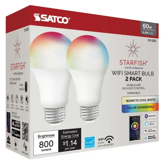 2Pk - Satco 9.5w A19 LED RGB Tunable White Starfish IOT 800 Lumens 120 Volt {3}