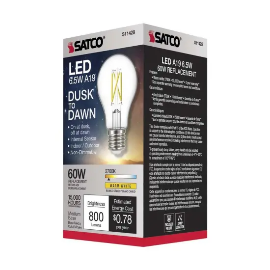 Satco 6.5w A19 LED Dusk to Dawn w/ PhotoCell 2700K Medium base 120v - 60w-equiv Warm White {4}