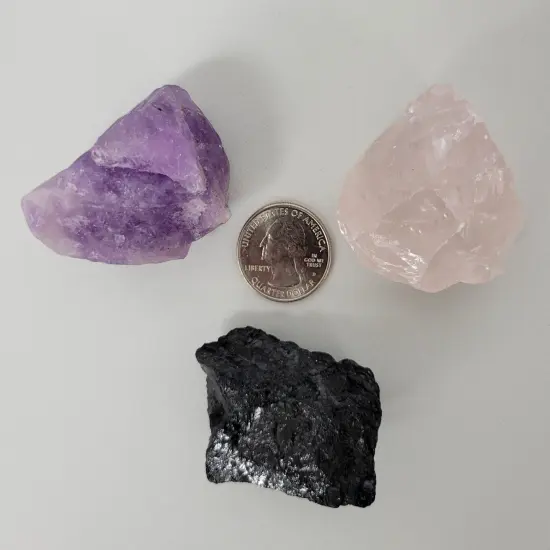 Amethyst, Tourmaline, Rose Quartz - Healing Crystals Trio Set {2}
