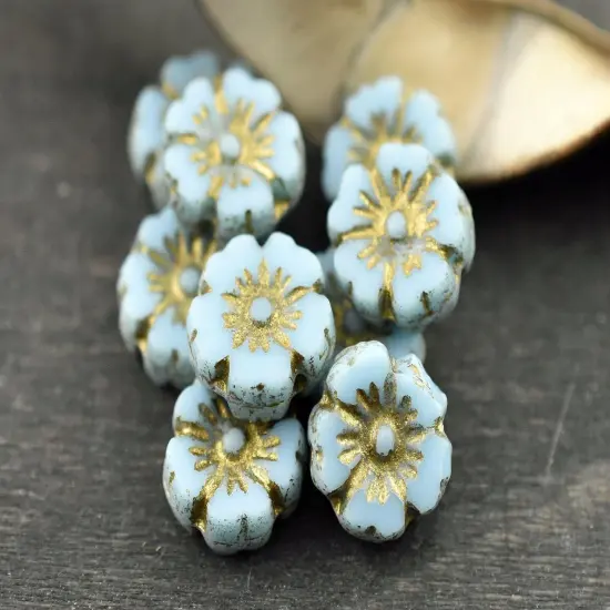 *16* 9mm Gold Washed Sky Blue Table Cut Hawaiian Flower Beads {3}