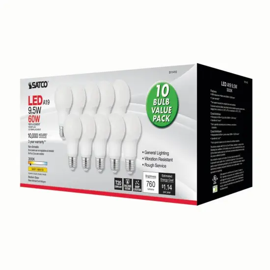 10Pk - Satco 9.5w 120v A19 LED bulb Frosted E26 Medium Base 3000k - 60w-equiv {3}