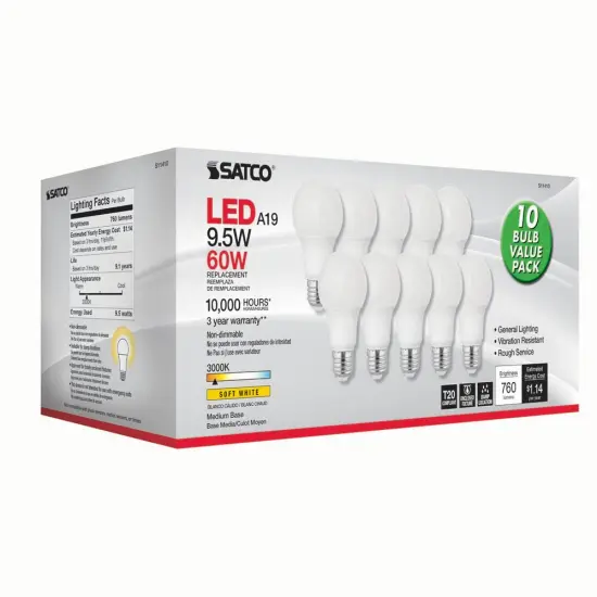 10Pk - Satco 9.5w 120v A19 LED bulb Frosted E26 Medium Base 3000k - 60w-equiv {2}