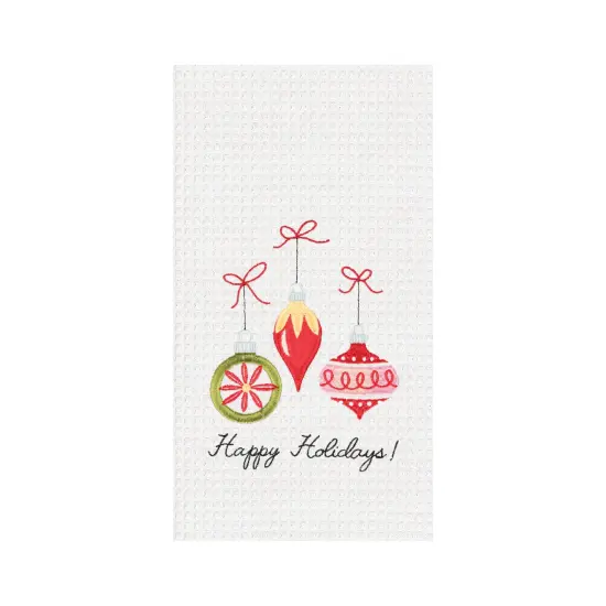 27" x 18" Christmas "Happy Holidays" Sentiment Featuring 3 Ornaments Cotton Embroidered & Waffle Weave Kitchen Dish Towel {1}