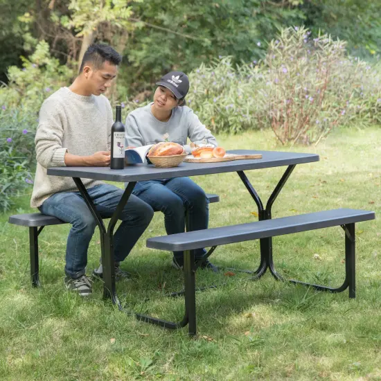 Outdoor Gray Woodgrain Picnic Table Set with Metal Frame, 5 Feet Long {2}