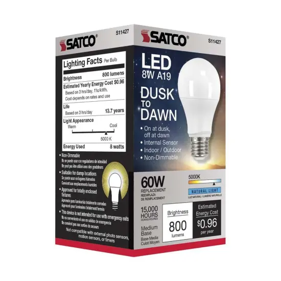 Satco 8w A19 LED Dusk to Dawn With PhotoCell 5000K Medium base 120v - 60w-equiv Natural Light {4}