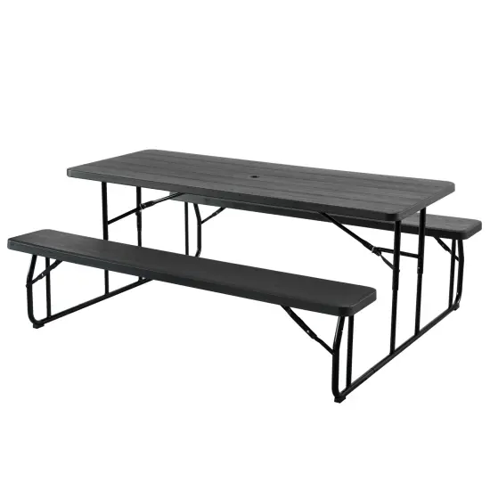 Outdoor Foldable Woodgrain Picnic Table Set with Metal Frame 6 Ft. Black {1}